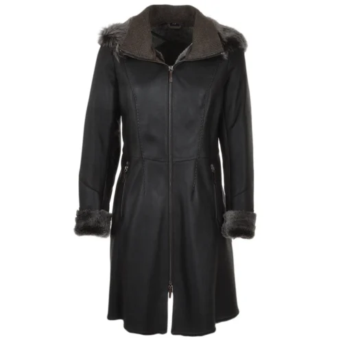 3/4 Hooded Toscana Sheepskin Coat Brown : Malaska