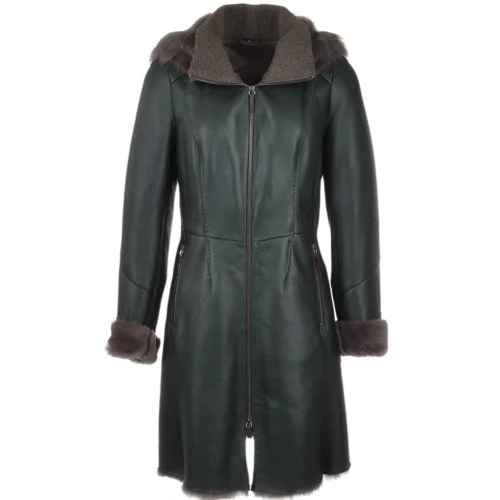 3/4 Hooded Toscana Sheepskin Coat Green : Malaska