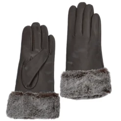 Faux Fur Tipped Leather Gloves Brown : 103-A
