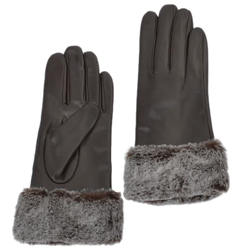 Faux Fur Tipped Leather Gloves Brown : 103-A