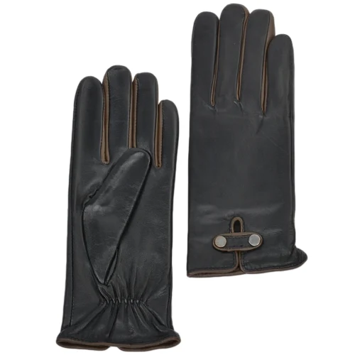 Two Tone Finger Detail Leather Gloves Black/Taupe : 007