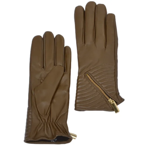 Zip And Stitch Detail Leather Gloves Taupe : 373