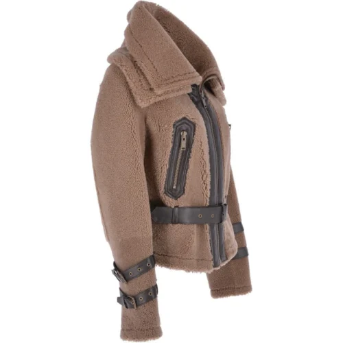 Double Collar Fitted Teddy Sheepskin Flying Jacket Biscuit Brown : Eliza -The Bridge Store double collar fitted teddy sheepskin flying jacket biscuit brown eliza p3011 13250 image