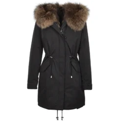 Hooded Fox Fur Parka With Detachable Raccoon Fur Trim Lining Black : Braemar