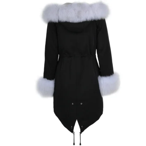 Hooded Toscana Tipped Fur Parka With Detachable Fur Trim Lining Black/white : Kaylee -The Bridge Store hooded toscana tipped fur parka with detachable fur trim lining black white kaylee p1432 6204 image