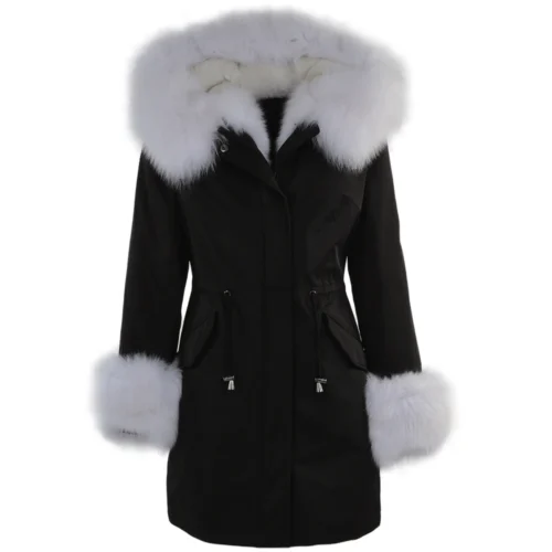 Hooded Toscana Tipped Fur Parka With Detachable Fur Trim Lining Black/white : Kaylee
