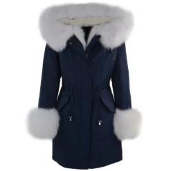 Hooded Toscana Tipped Fur Parka With Detachable Fur Trim Lining Blue/white : Kaylee