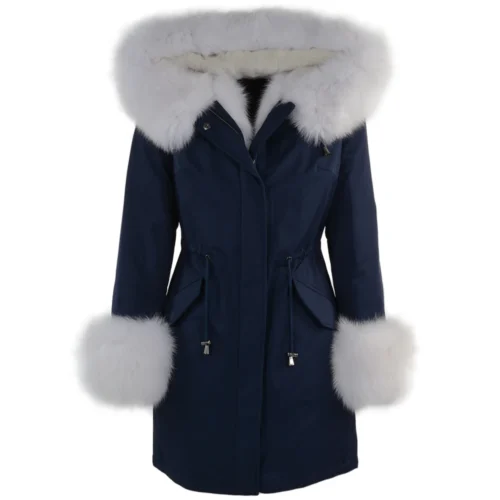 Hooded Toscana Tipped Fur Parka With Detachable Fur Trim Lining Blue/white : Kaylee