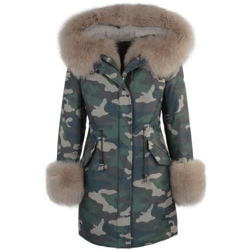 Hooded Toscana Tipped Military Parka With Detachable Fur Trim Lining Khaki/beige : Kaylee