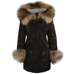 Hooded Toscana Tipped Military Parka With Detachable Fur Trim Lining Khaki Green/ Brown : Kaylee