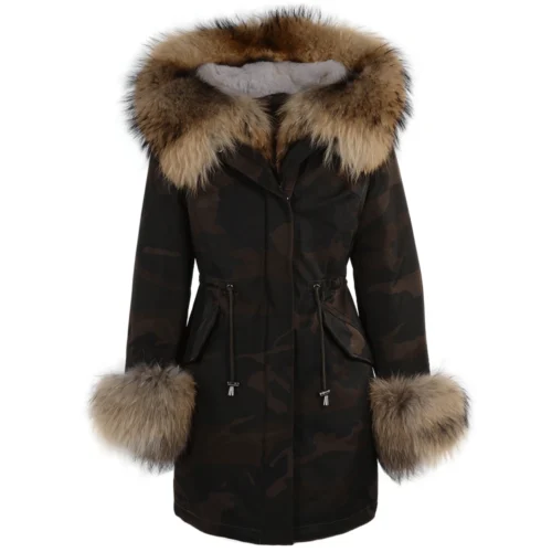 Hooded Toscana Tipped Military Parka With Detachable Fur Trim Lining Khaki Green/ Brown : Kaylee