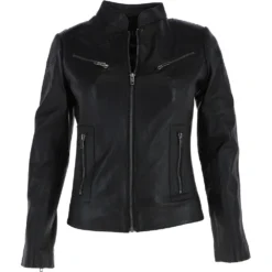 Ladies Leather Biker Jacket Black : Enya