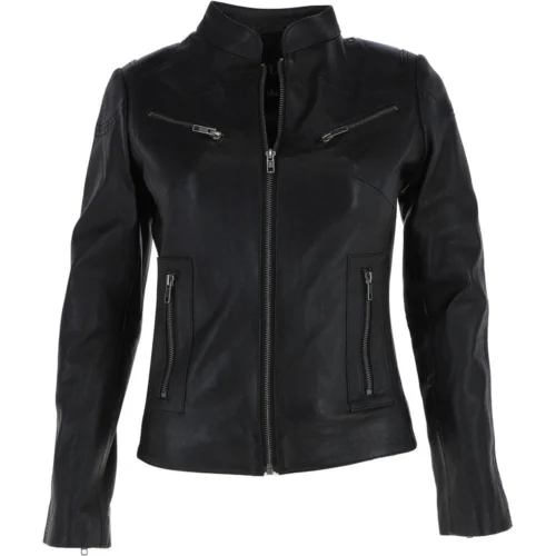 Ladies Leather Biker Jacket Black : Enya
