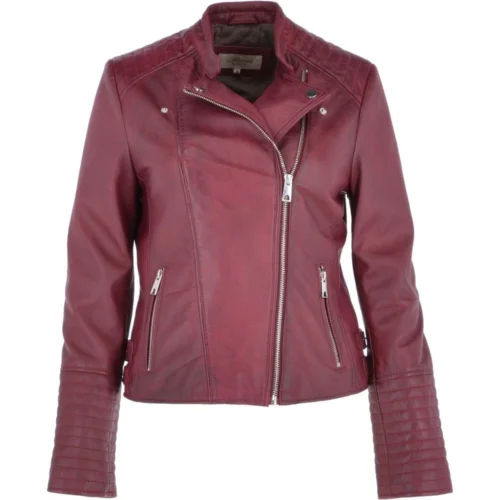 Ladies Leather Biker Jacket Bordeaux: Casey