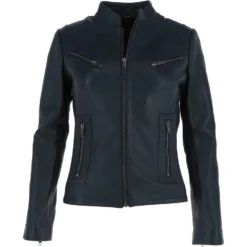 Ladies Leather Biker Jacket Navy : Enya