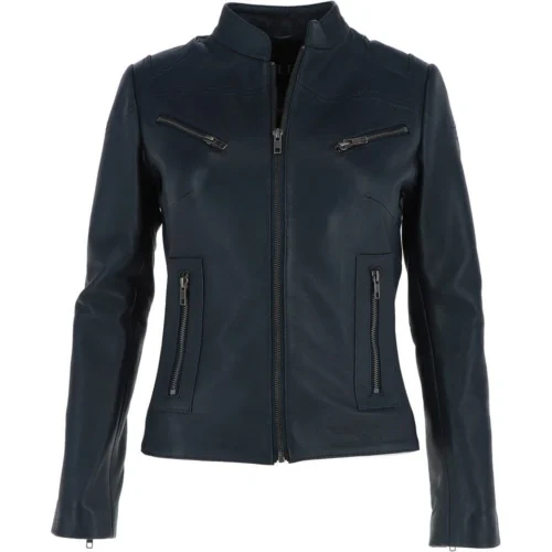 Ladies Leather Biker Jacket Navy : Enya