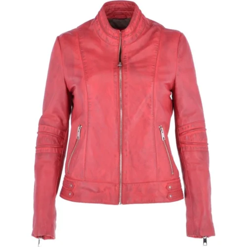 Ladies Leather Biker Jacket Raspberry : Lillian