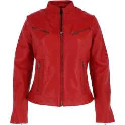 Ladies Leather Biker Jacket Red : Enya