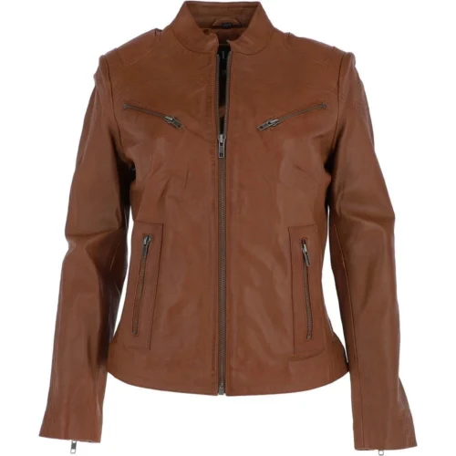 Ladies Leather Biker Jacket Tan : Enya