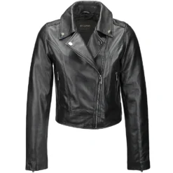 Ladies Short Vegetable Tanned Leather Biker Jacket Black : Jenner