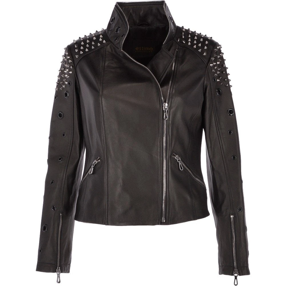 Ladies Vegetable Tanned Leather Studded Biker Jacket Black : Osha 3 Ladies Vegetable Tanned Leather Studded Biker Jacket Black : Osha
