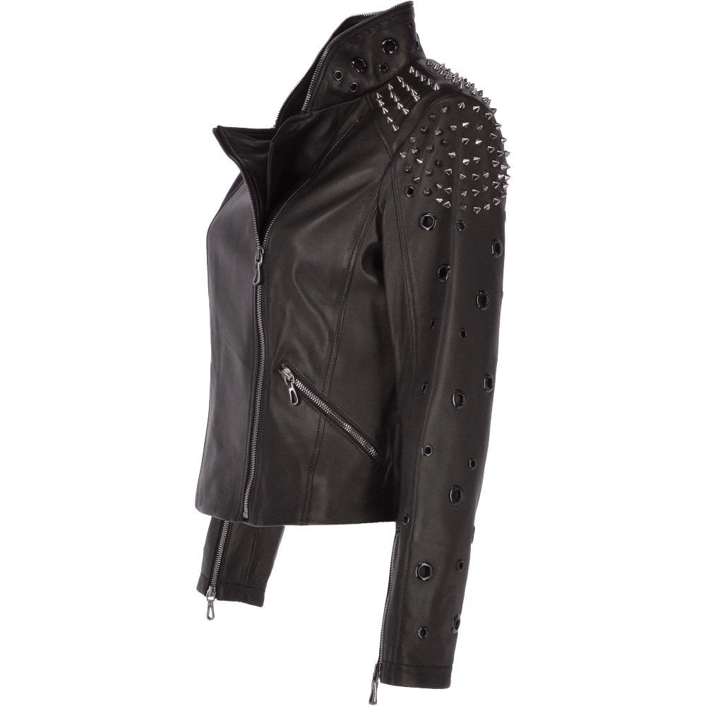 Ladies Vegetable Tanned Leather Studded Biker Jacket Black : Osha 4 Ladies Vegetable Tanned Leather Studded Biker Jacket Black : Osha - Image 2