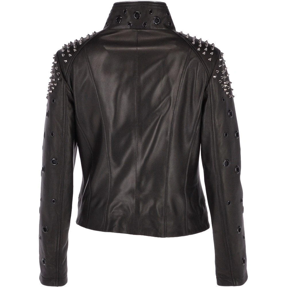 Ladies Vegetable Tanned Leather Studded Biker Jacket Black : Osha 5 Ladies Vegetable Tanned Leather Studded Biker Jacket Black : Osha - Image 3