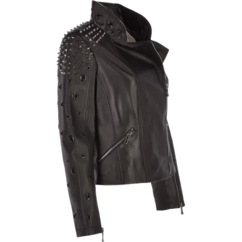 Ladies Vegetable Tanned Leather Studded Biker Jacket Black : Osha -The Bridge Store ladies vegetable tanned leather studded biker jacket black osha p3218 14188 image