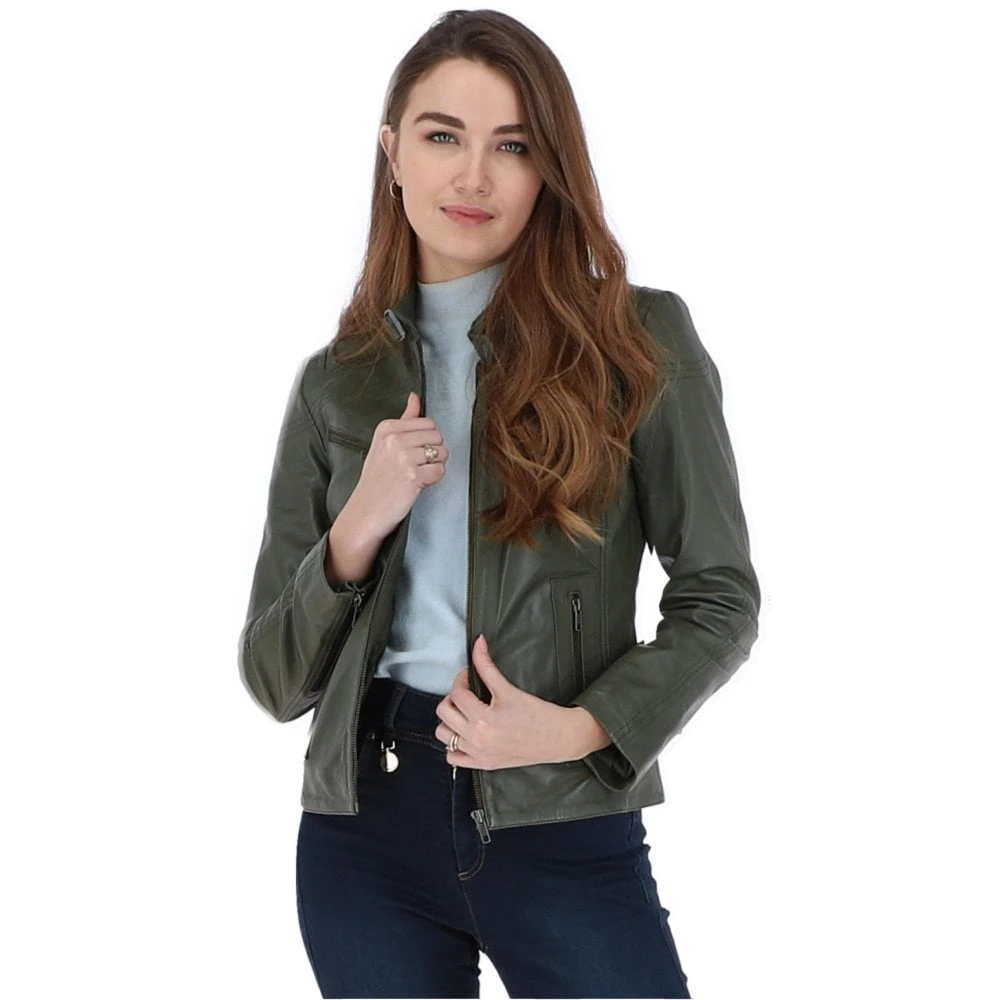 Leather Biker Jacket Green : Lola 4 Leather Biker Jacket Green : Lola - Image 2