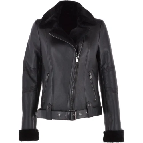 Luxury Side Zip Sheepskin Pilot/ Biker Jacket Black : Cirilla