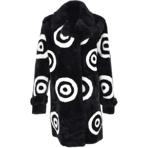Sheepskin Coat With Roundel Detail Black/ White: Leilani