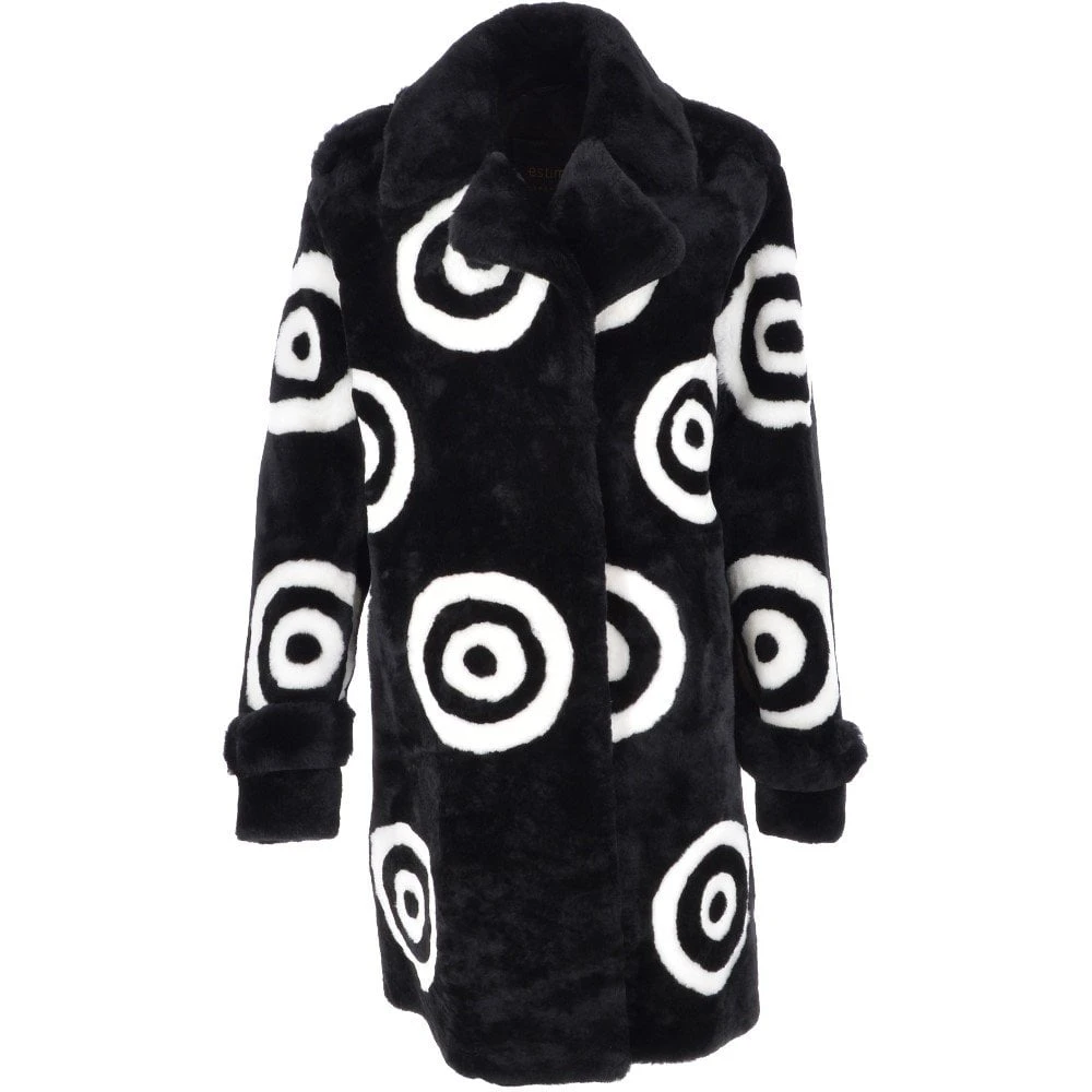 Sheepskin Coat With Roundel Detail Black/ White: Leilani 3 Sheepskin Coat With Roundel Detail Black/ White: Leilani