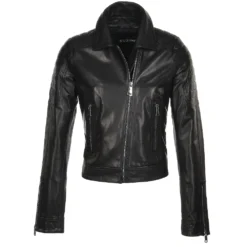 Short Cropped Vegetable Tanned Leather Biker Jacket Black : Daniela