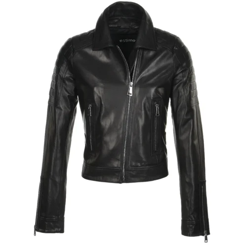 Short Cropped Vegetable Tanned Leather Biker Jacket Black : Daniela