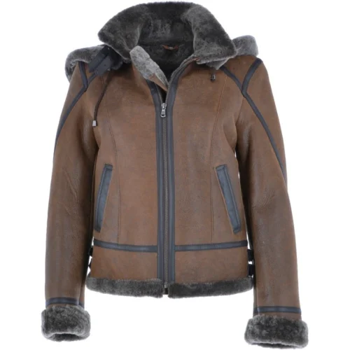 Short Hooded Sheepskin Flying Jacket Tobacco : Aster