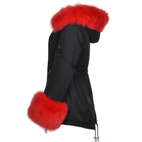 The Bridge Store -The Bridge Store short hooded toscana tipped fox fur parka with fur trim lining black red p1434 6355 image
