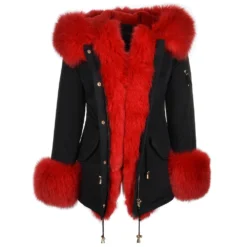 Short Hooded Toscana Tipped Fox Fur Parka With Fur Trim Lining Black/red: -Default Template 2 short hooded toscana tipped fox fur parka with fur trim lining black red p1434 6356 image