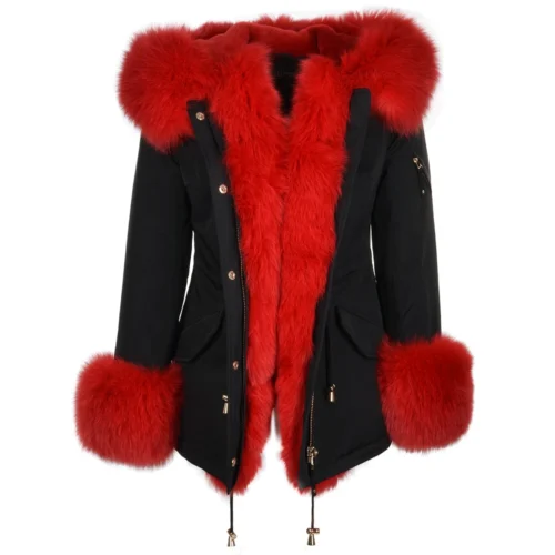 Short Hooded Toscana Tipped Fox Fur Parka With Fur Trim Lining Black/red: -The Bridge Store short hooded toscana tipped fox fur parka with fur trim lining black red p1434 6356 image