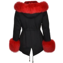 Short Hooded Toscana Tipped Fox Fur Parka With Fur Trim Lining Black/red: -Default Template 2 short hooded toscana tipped fox fur parka with fur trim lining black red p1434 6357 image