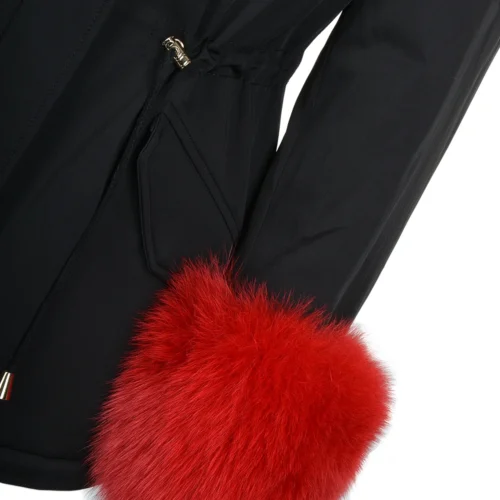 Short Hooded Toscana Tipped Fox Fur Parka With Fur Trim Lining Black/red: -The Bridge Store short hooded toscana tipped fox fur parka with fur trim lining black red p1434 6358 image