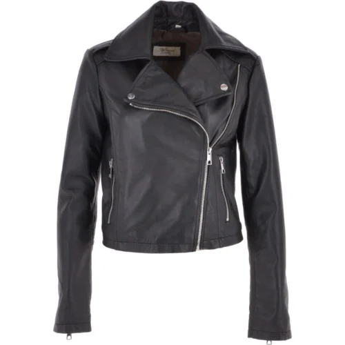 Short Leather Biker Jacket Black : Brooklyn