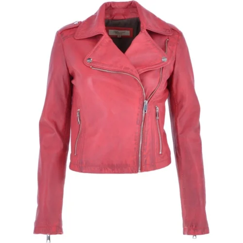 Short Leather Biker Jacket Raspberry : Brooklyn