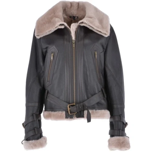 Short Oversize Sheepskin Aviator Flying Jacket Brown/Cream : Wynter