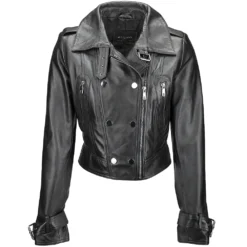 Short Vegetable Tanned Leather Biker Jacket Black : Sabine