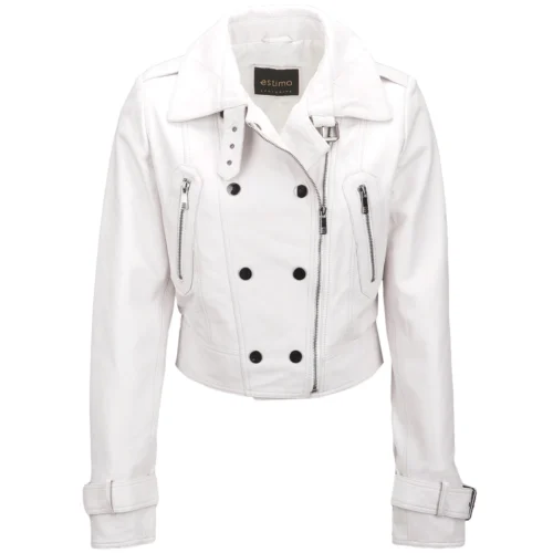 Short Vegetable Tanned Leather Biker Jacket White : Sabine