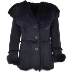 Toscana Long Haired Shearling Jacket With Large Hood Ombre Blue : Muna
