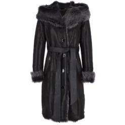 Toscana Longhaired Hood And Belted Shearling Coat Black/ Brissa : Cammi