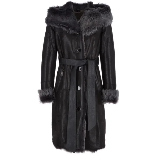 Toscana Longhaired Hood And Belted Shearling Coat Black/ Brissa : Cammi