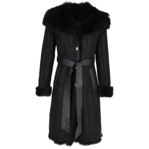 Toscana Longhaired Hood And Belted Shearling Coat Black : Cammi