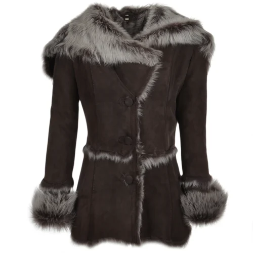 Toscana Longhaired Shearling Jacket With Large Hood Brown : Muna